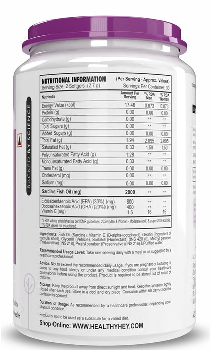 Nutritional information label on a supplement container with a purple lid.