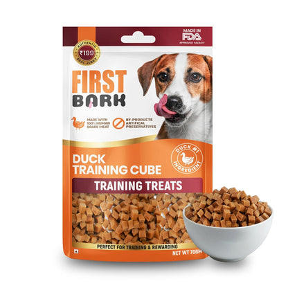 First Bark Dog Treats for Adult Dog & Puppy – Training Treats Bite-Sized Duck Jerky for Dogs, Small Dogs & Shih Tzu | Puppy Treats & Dog Snacks –Duck Training Cubes (70g) x1
