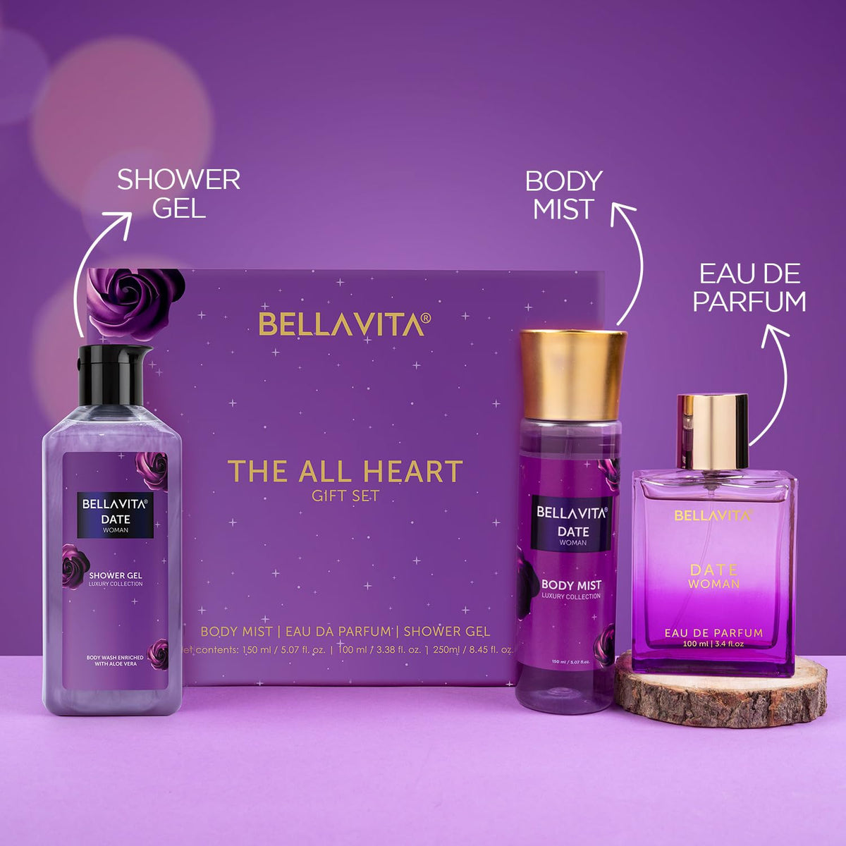 Bellavita 'The All Heart' gift set with shower gel, body mist, and eau de parfum on a purple background.