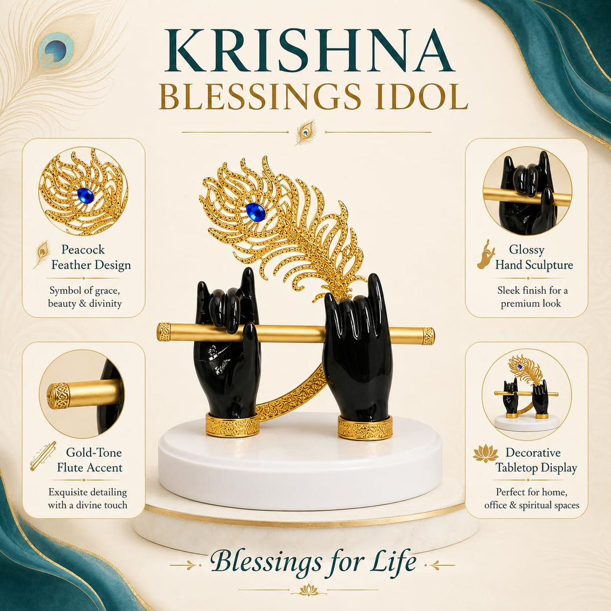 Goldplated Krishna Black Hand with Flute Idol Peacock Feather Mor Pankh Showpiece,Housewarming Gift, Birthday Anniversary Wedding Janmashtami Gift, Home Decor Decoration Items for Living