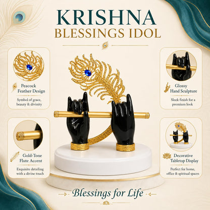 Goldplated Krishna Black Hand with Flute Idol Peacock Feather Mor Pankh Showpiece,Housewarming Gift, Birthday Anniversary Wedding Janmashtami Gift, Home Decor Decoration Items for Living