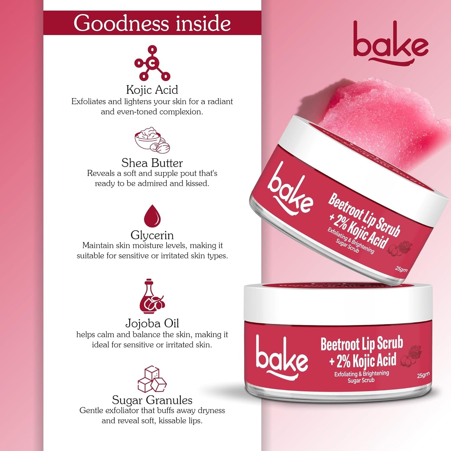 BAKE 2% Kojic Acid Beetroot Lip Scrub for Dark Pigmented Lips with Sugar Granules for Dry & Pink Lips, For Men & Women - 25g