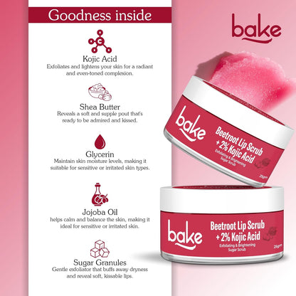 BAKE 2% Kojic Acid Beetroot Lip Scrub for Dark Pigmented Lips with Sugar Granules for Dry & Pink Lips, For Men & Women - 25g