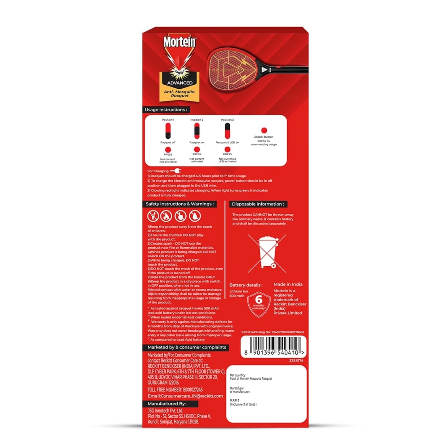 Mortein Advanced Anti-Mosquito Racquet | Mosquito Bat | Electric Fly Swatter | Mosquito Killer Racket | Bat to Hit Mosquito, Multicolor