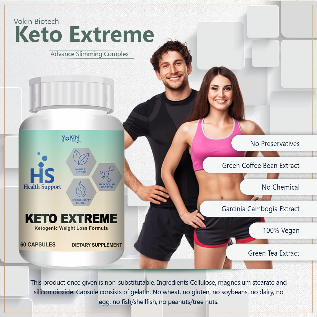 Keto Extreme supplement bottle with a man and woman in athletic wear on a light gray background