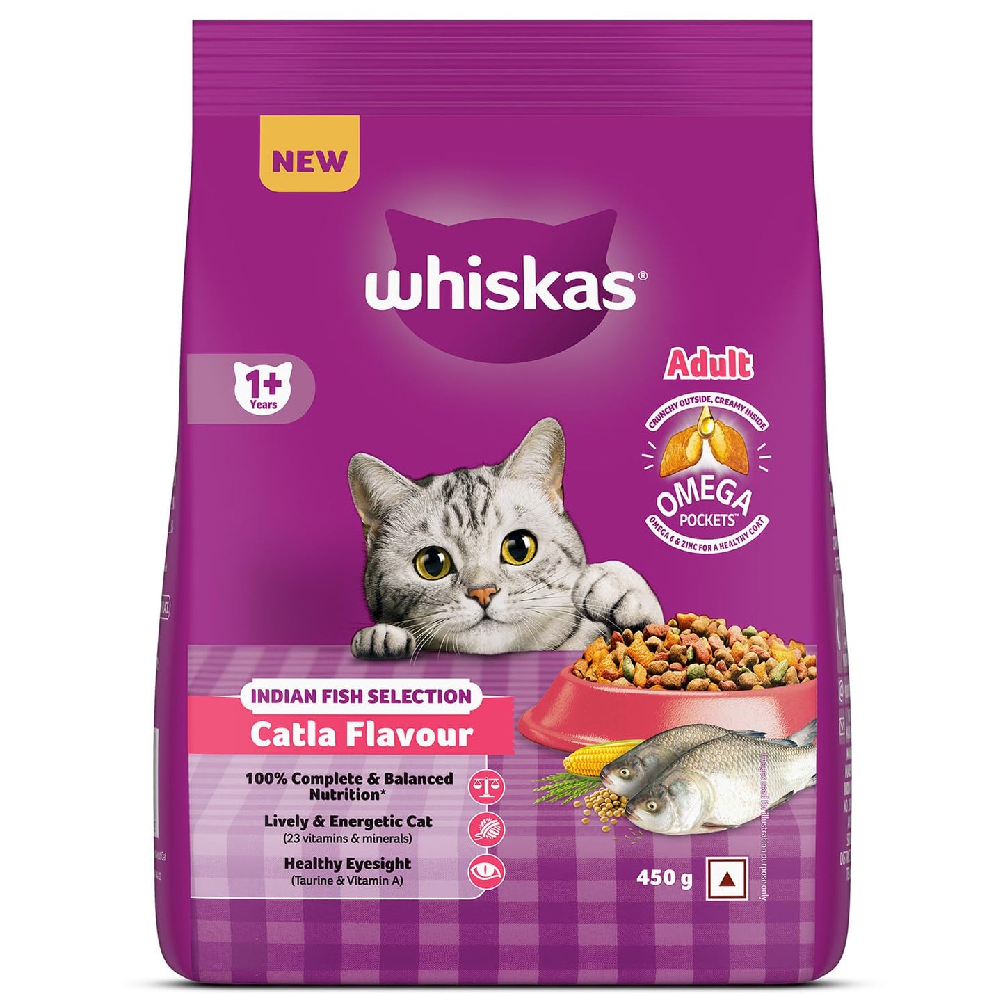 Whiskas Adult (1+ Years) Dry Cat Food, Catla Fish Flavour, 450 g, Powered with 40 Essential Nutrients, Complete & Balanced Nutrition for Adult Cats