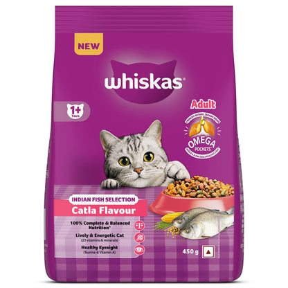 Whiskas Adult (1+ Years) Dry Cat Food, Catla Fish Flavour, 450 g, Powered with 40 Essential Nutrients, Complete & Balanced Nutrition for Adult Cats