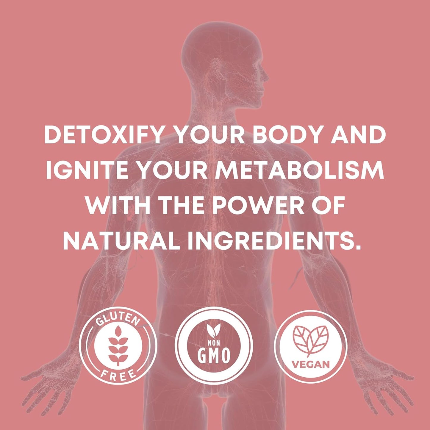Illustration of a human body with detoxification text and natural ingredients icons on a pink background