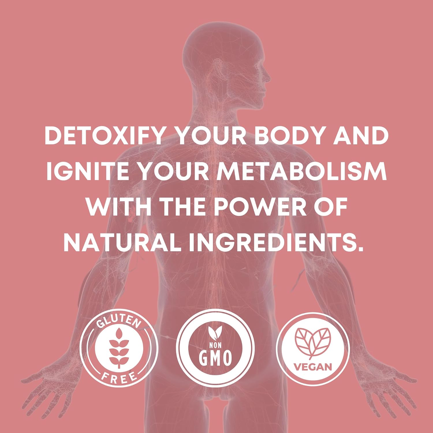 Illustration of a human body with detoxification text and natural ingredients icons on a pink background
