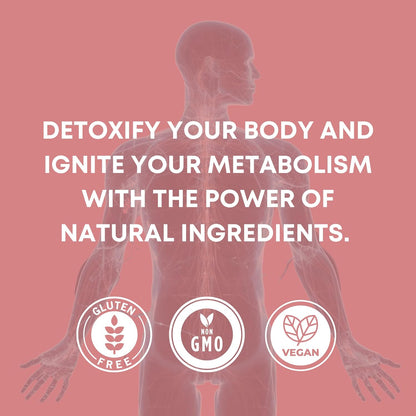 Illustration of a human body with detoxification text and natural ingredients icons on a pink background