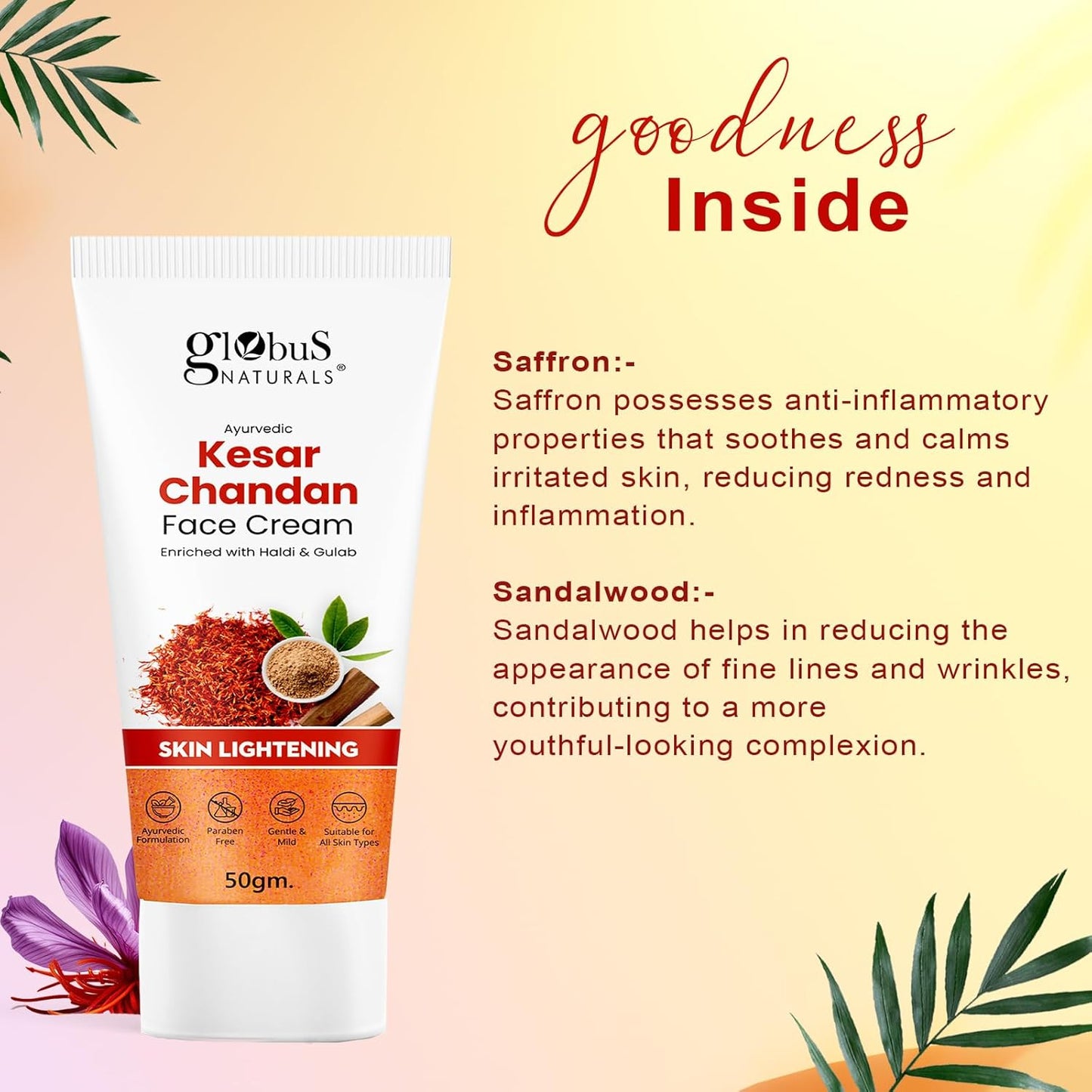 Globus Naturals Daily Glow Kesar Chandan Face Cream with SPF, Skin Lightening Formula For All Skin Types, 50 gm (Pack of 1)