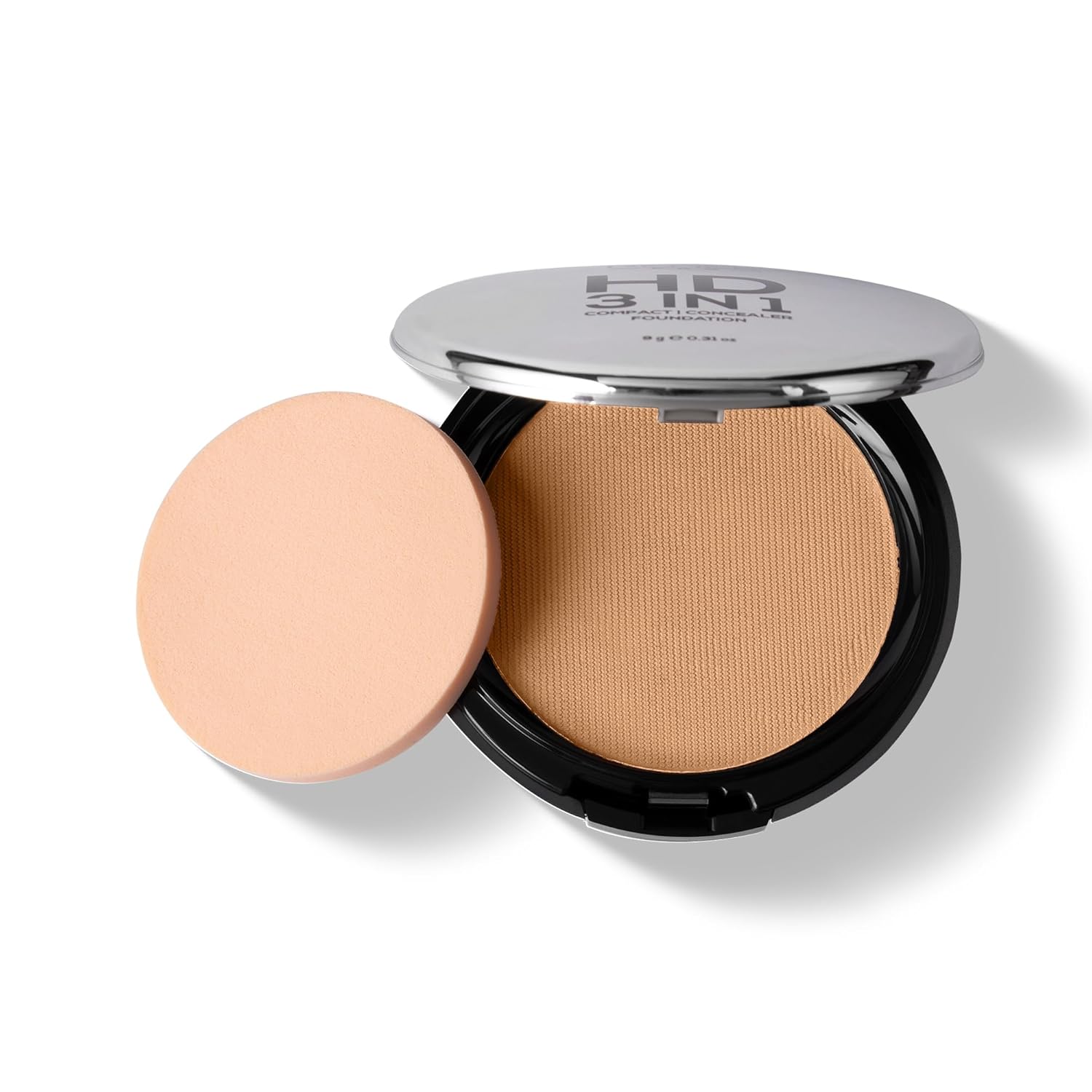 Compact powder with a silver lid on a white background