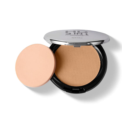 Compact powder with a silver lid on a white background