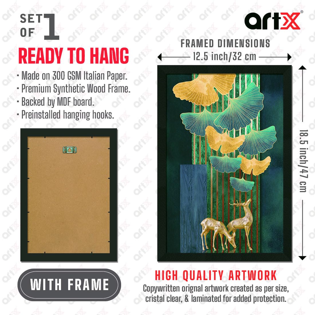 Golden Deer Wall Decor Paintings with Frame for Home Decoration - Painting for Living Room - Framed Painting for Wall Decoration, 12.0 X 18.0 inches, Set Of 1