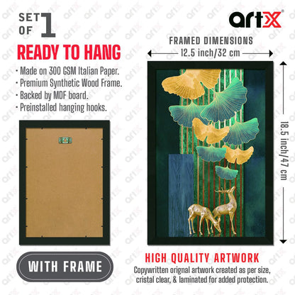 Golden Deer Wall Decor Paintings with Frame for Home Decoration - Painting for Living Room - Framed Painting for Wall Decoration, 12.0 X 18.0 inches, Set Of 1