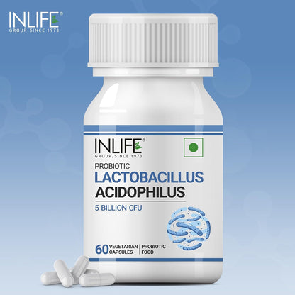 INLIFE Probiotic Lactobacillus Acidophilus 5 billion CFU | Gut Health Supplement for Men Women | Digestive Health, Supports Immunity |With Probiotic Balance – 60 Veg Capsules (Pack of 1, 60)
