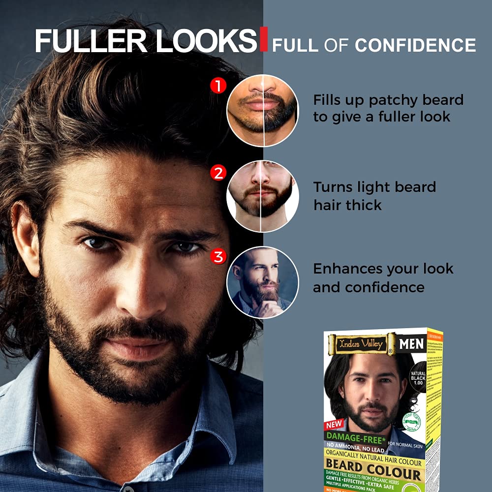 Advertisement for a beard color product showing a man with a beard and the product packaging.