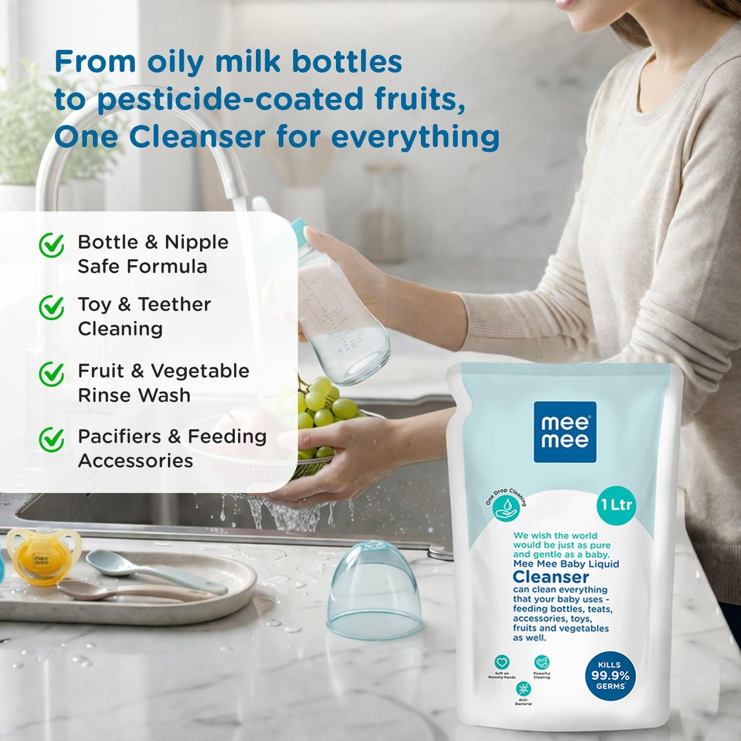Mee Mee Baby Liquid Cleanser 1 L, Anti-Bacterial Kills 99.9% Germs | for Feeding Bottles, Nipples, Accessories, Toys, Fruits & Vegetables | No Alcohol, One Drop Cleaning, Dermatologically Tested
