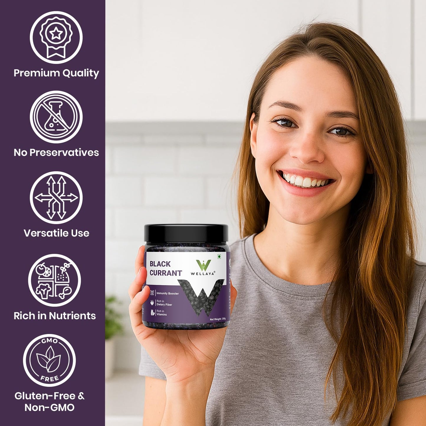 WELLAYA Premium Dried Black Currant - 300gm | Healthy & Tasty Whole Black Current | Rich In Vitamin K, High in Nutrients & Antioxidants | Delicious & Healthy Snack | Gluten-Free Snacking