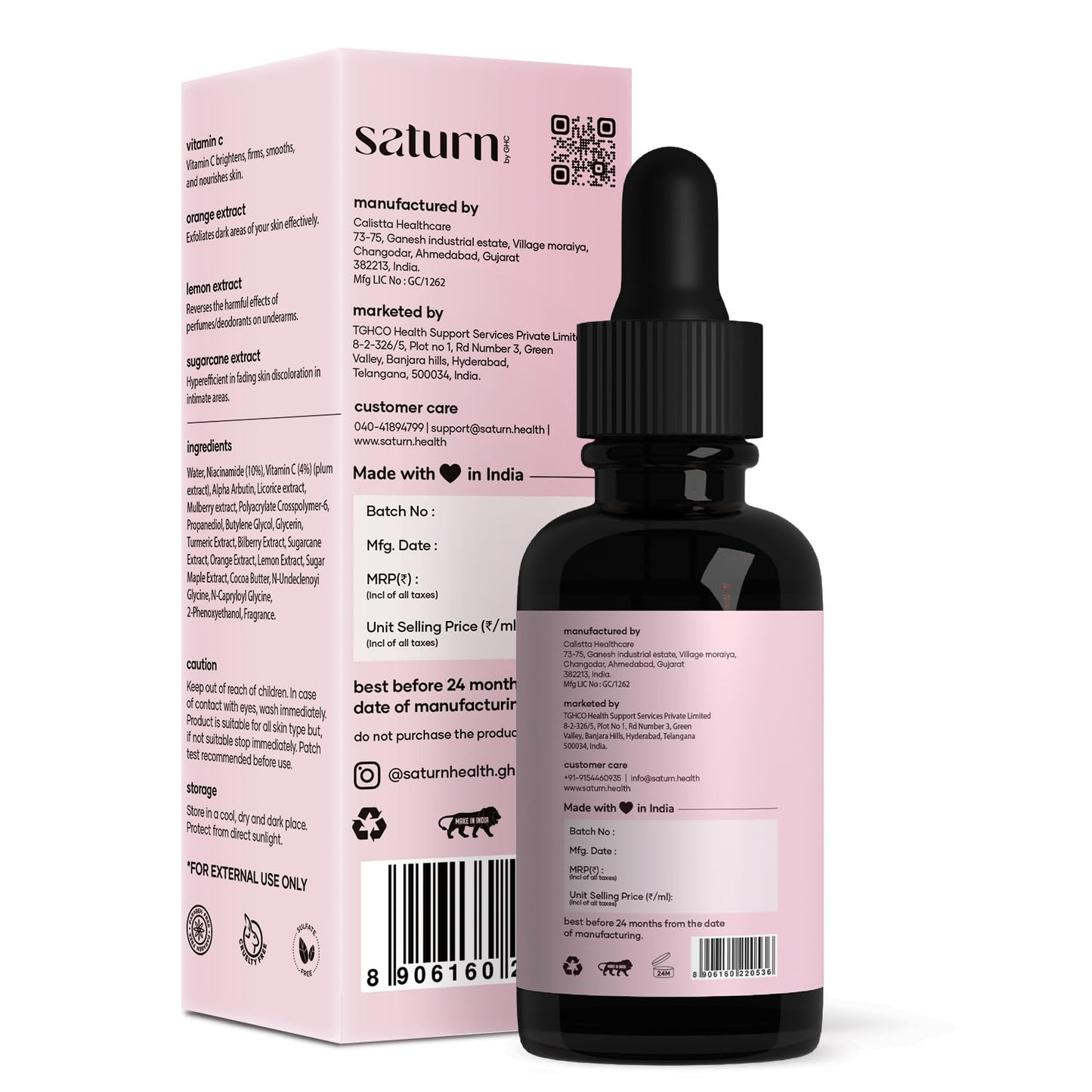 Saturn by GHC Intimate Lightening Serum with Orange Extract & Vitamin C for Lightens Dark Underarms, Back, Neck & Bum, 30 ml