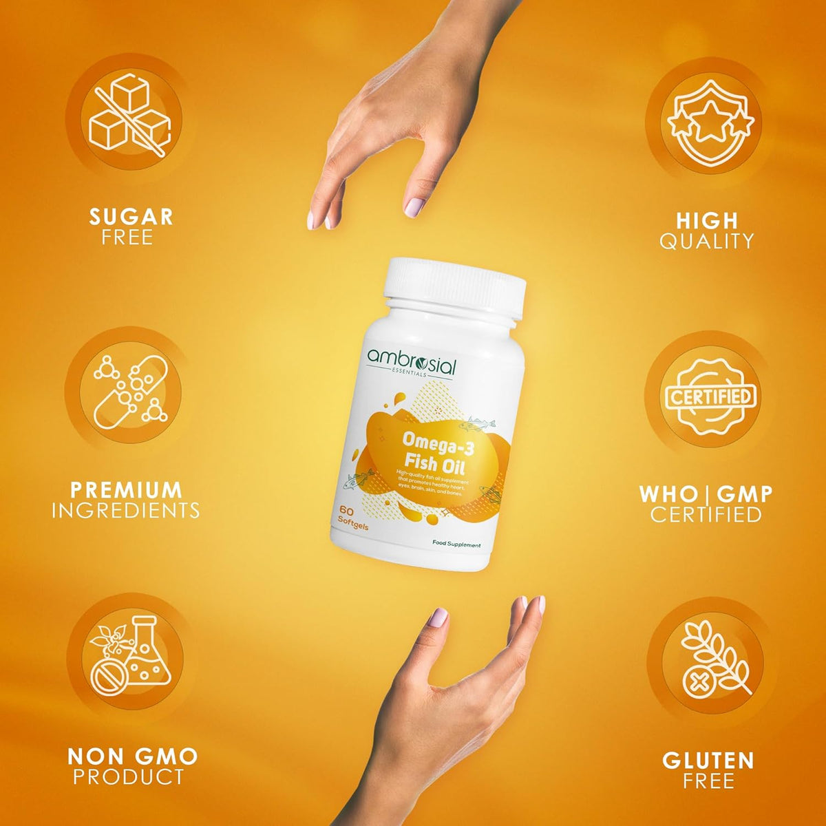 Ambrosial Omega-3 Fish Oil bottle with certification icons on a yellow background