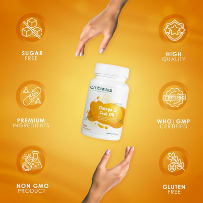Ambrosial Omega-3 Fish Oil bottle with certification icons on a yellow background