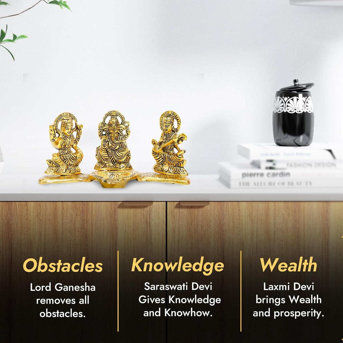 Kalakriti God Idols for puja Room Metal Antique Ganesh laxmi Saraswati Idol Murti |Decorative Platter with Diya, Sitting Blessing Ganpati for Diwali Decoration Festival, Golden