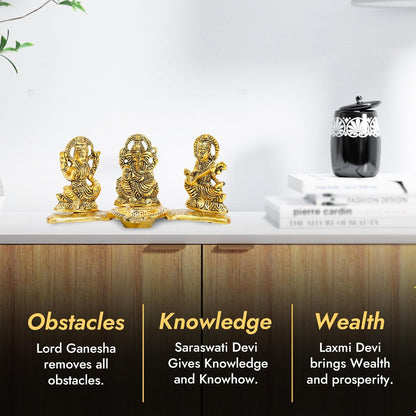 Kalakriti God Idols for puja Room Metal Antique Ganesh laxmi Saraswati Idol Murti |Decorative Platter with Diya, Sitting Blessing Ganpati for Diwali Decoration Festival, Golden