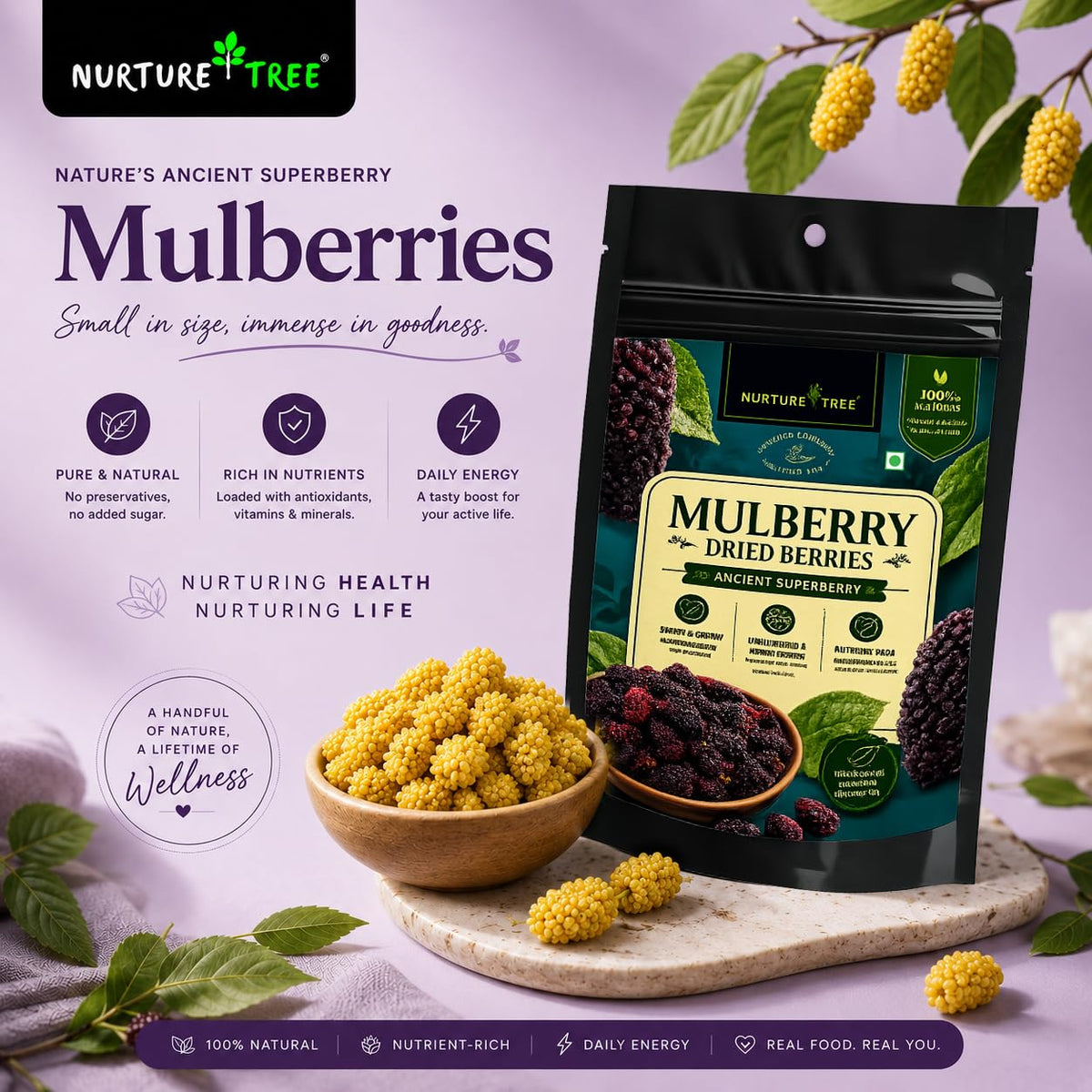 Nurture Tree Dried Mulberries | 100% Natural & Unsulfured Mulberry Berries | No Added Sugar | Nutrient-Rich Ancient Superberry | Healthy Snacks