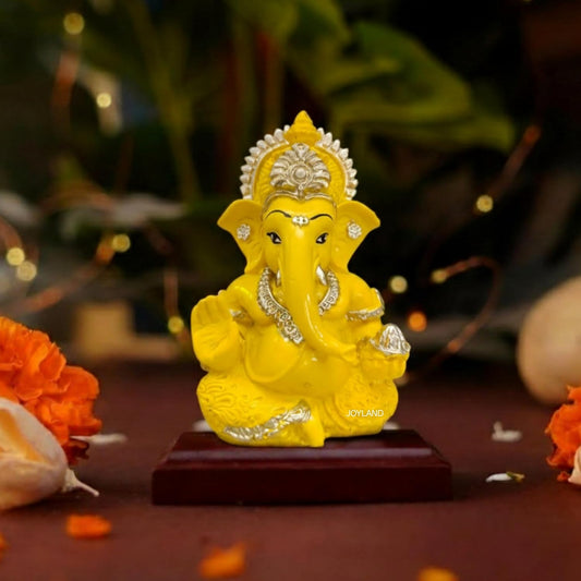 JOY LAND Lord Ganesha Car Dashboard Idol | White & Gold Ganesh Murti for Car Dashboard, Home & Office Decor (Yellow Gold)