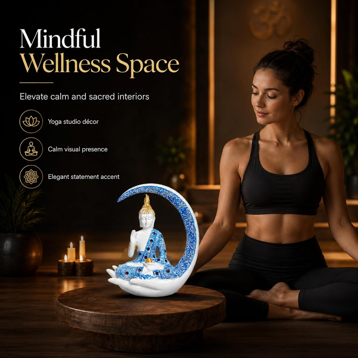 10 Inch 3D Resin Meditating Buddha Statue with Blue Crescent Moon | Lucky Buddha Idol for Home Decor, Living Room, Office Desk & Spiritual Gift Item
