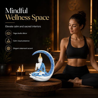 10 Inch 3D Resin Meditating Buddha Statue with Blue Crescent Moon | Lucky Buddha Idol for Home Decor, Living Room, Office Desk & Spiritual Gift Item