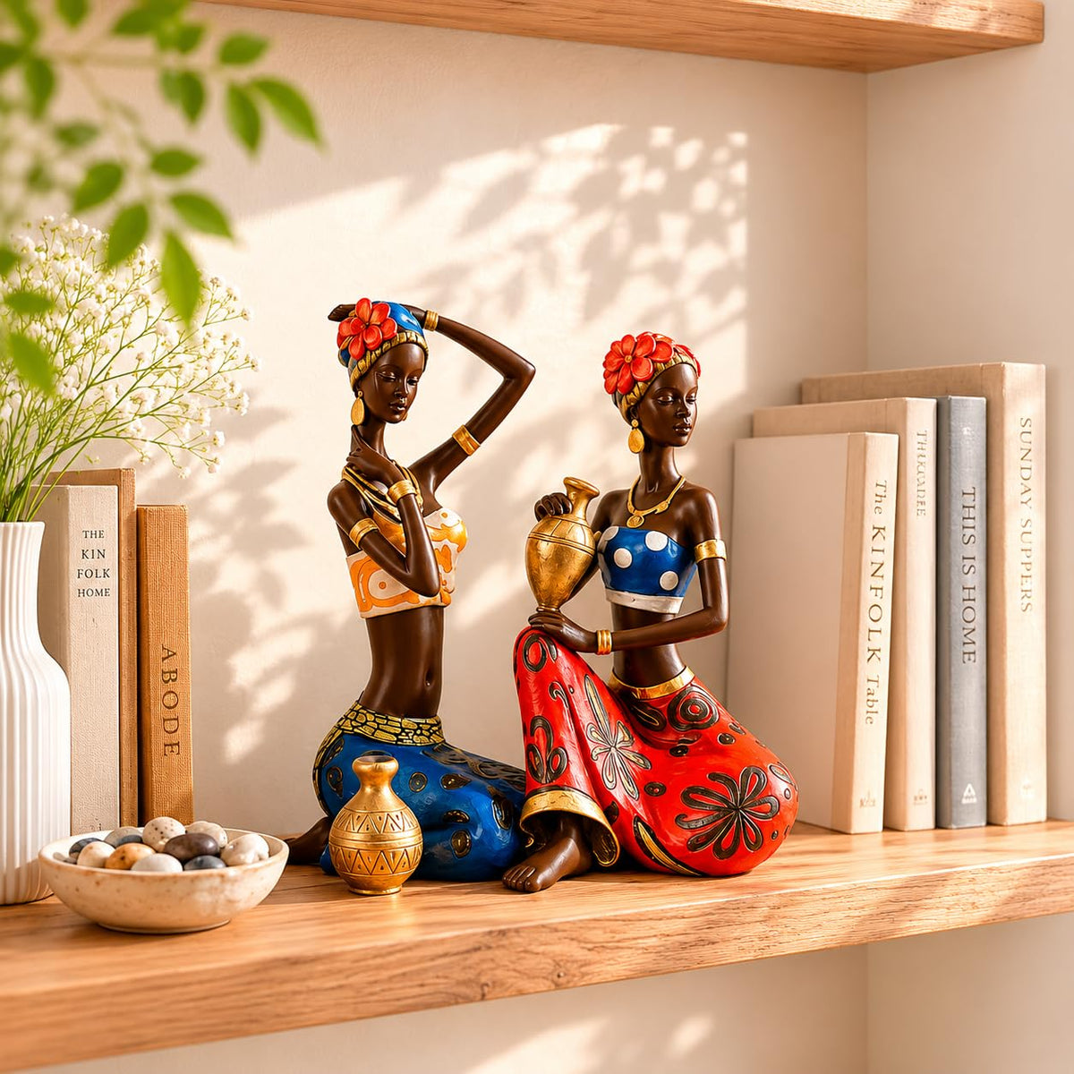 African Lady Statue with Pot| Graceful and Cultural Home Décor (Pack of 2, Red, Blue)
