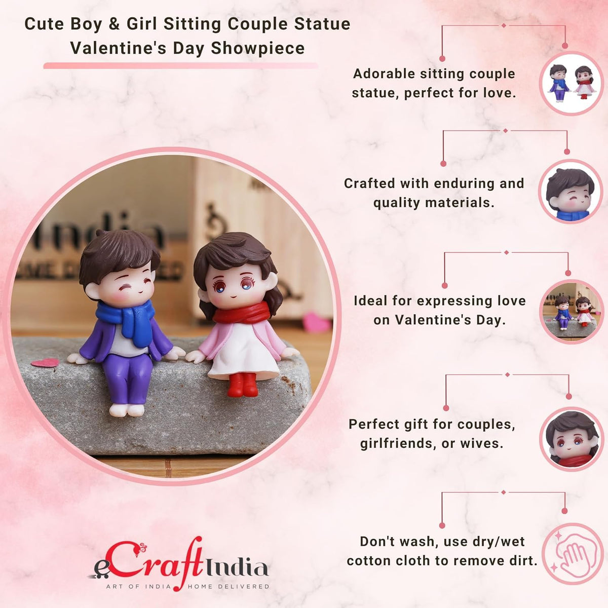 eCraftIndia Valentine Gift for Girlfriend Boyfriend| Plastic Cute Boy Girl Sitting Couple Statue Decorative Showpiece | Valentine Day Gift for Husband Wife Her Him | Valentine Day Decoration Items