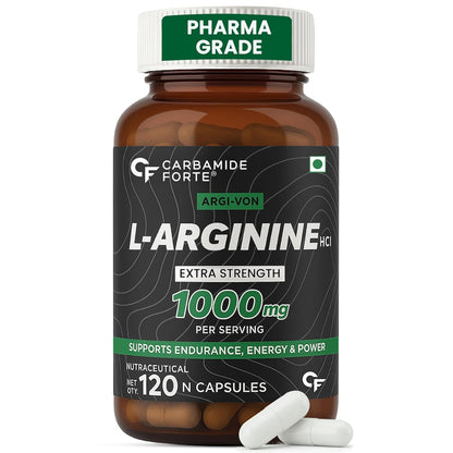 Bottle of L-Arginine supplement with a white background