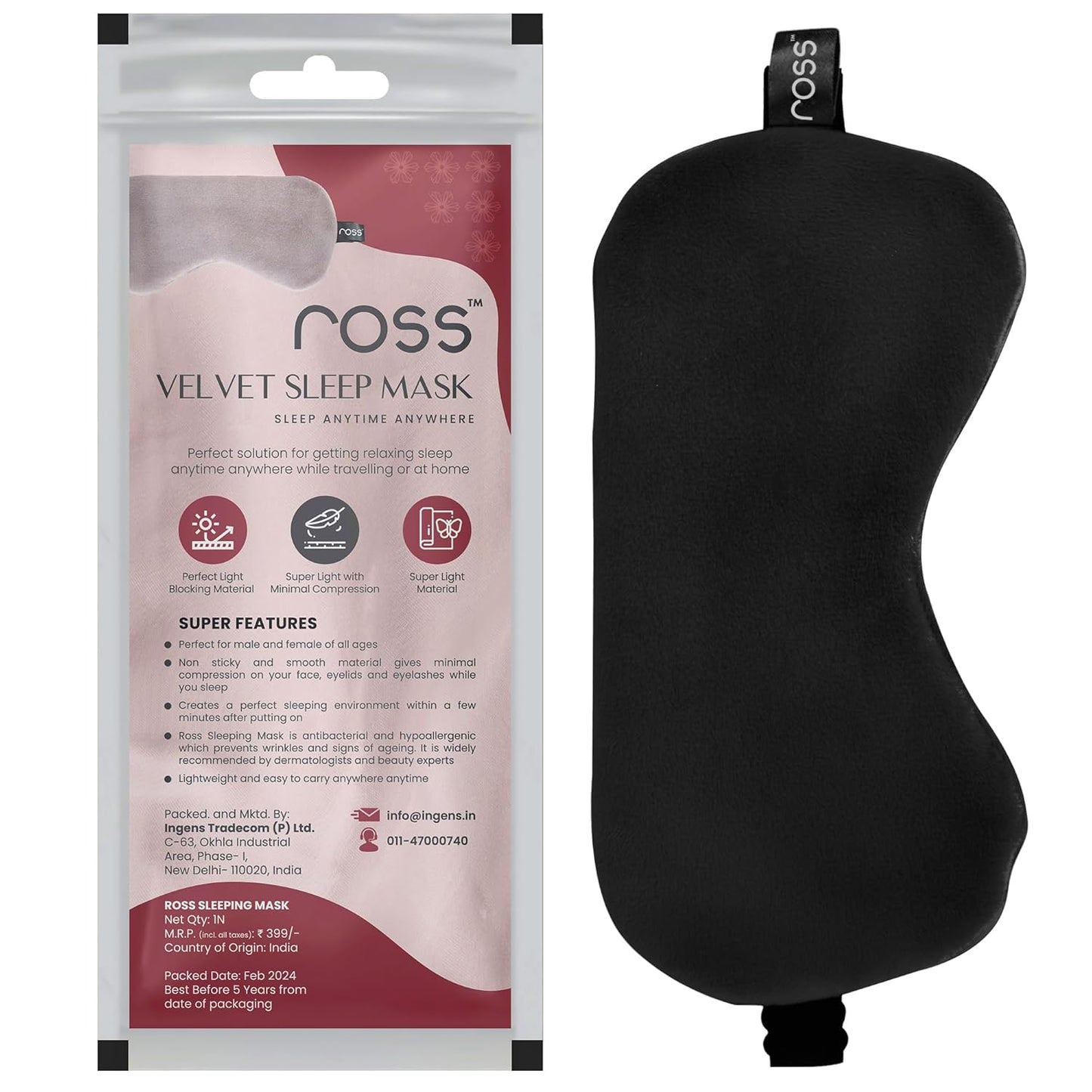 Ross Breathable Fabric Sleep Eye Mask – Ultra-Soft, Smooth & Cozy with Adjustable Strap for Ultimate Comfort, Light Blocking & Deep Sleep – Perfect for Travel, Meditation, Naps, Relaxation & Stress Relief - Black