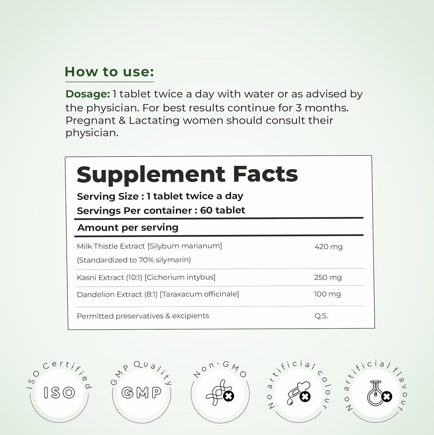Supplement facts label with usage instructions on a light gray background