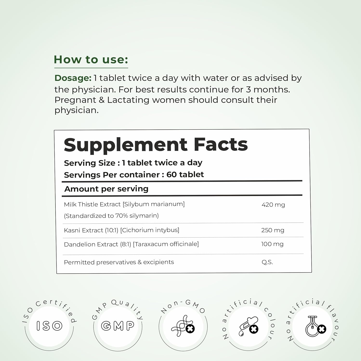 Supplement facts label with usage instructions on a light gray background