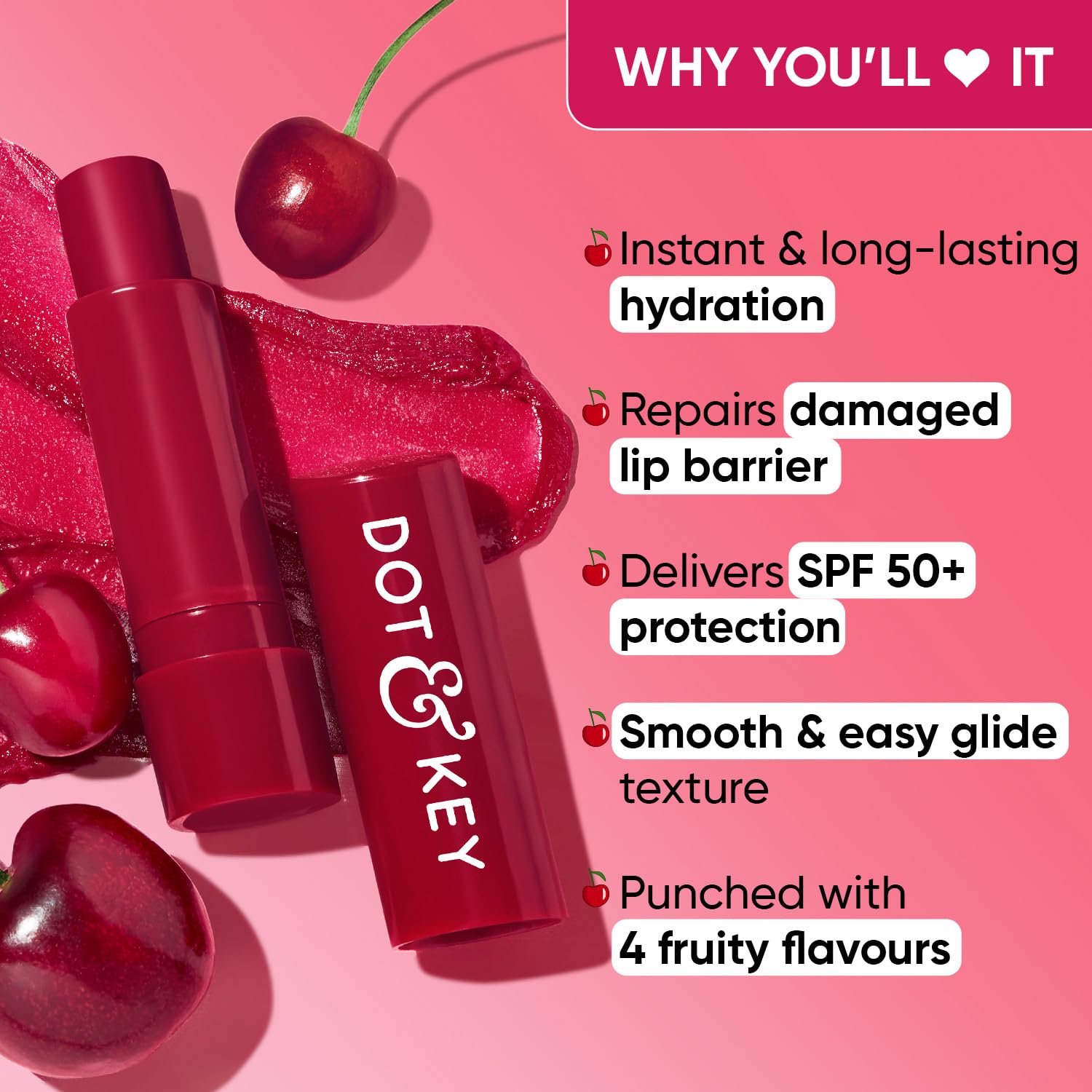 Zephivo Dot & Key Barrier Repair Hydrating Lip Balm SPF 50 | Cherry Crimson | Repairs Damaged Lip Barrier | High Tinted | 4.5 gm
