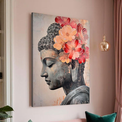 Pink Floral Buddha Painting for Living Room, Buddha wall Art Painting for living room, Bedroom, office and Home, Canvas, 16x22 Inch