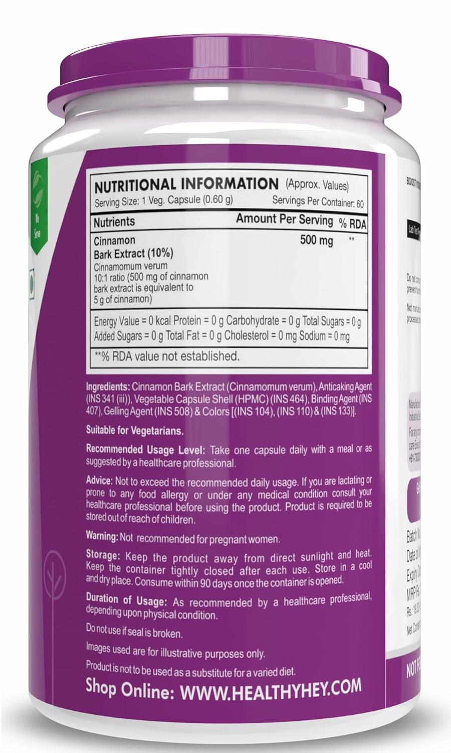 HealthyHey Nutrition Cinnamon Extract 10:1 Ratio - Support Healthy Glucose Levels -60 Veg. Capsules