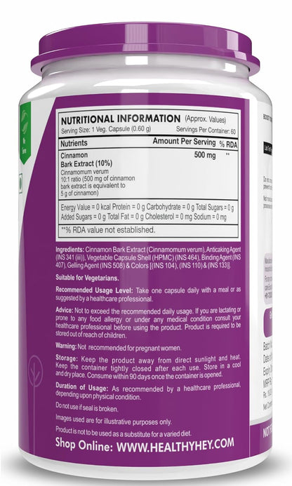 HealthyHey Nutrition Cinnamon Extract 10:1 Ratio - Support Healthy Glucose Levels -60 Veg. Capsules