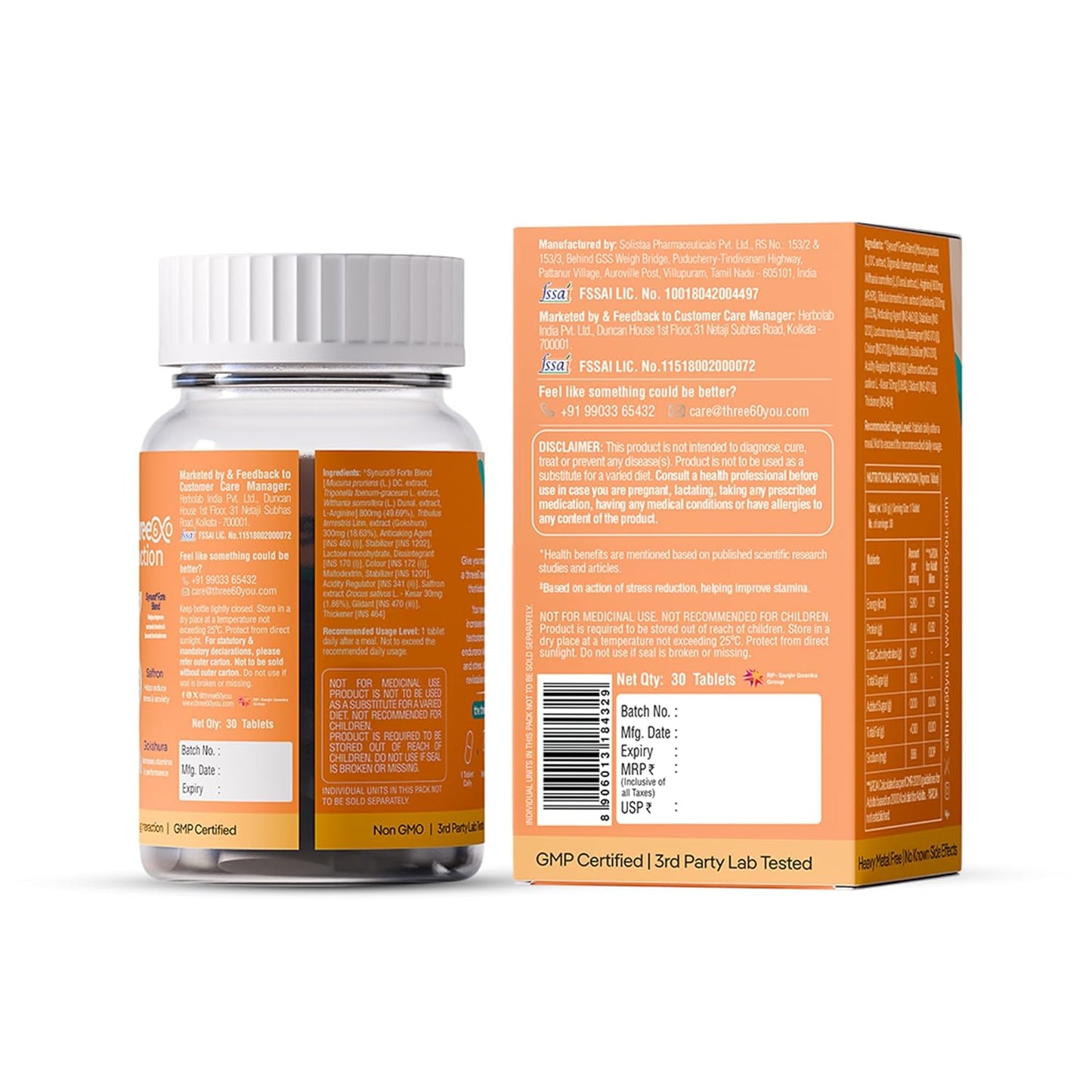 three60 DE-STRESS & PERFORM Tablets | Testosterone Supplement | Helps Boost Stamina | Helps Reduce Stress | Synura® Forte Blend, Saffron, Gokshura | No Steroid | Non Habit Forming | 30 Tablets