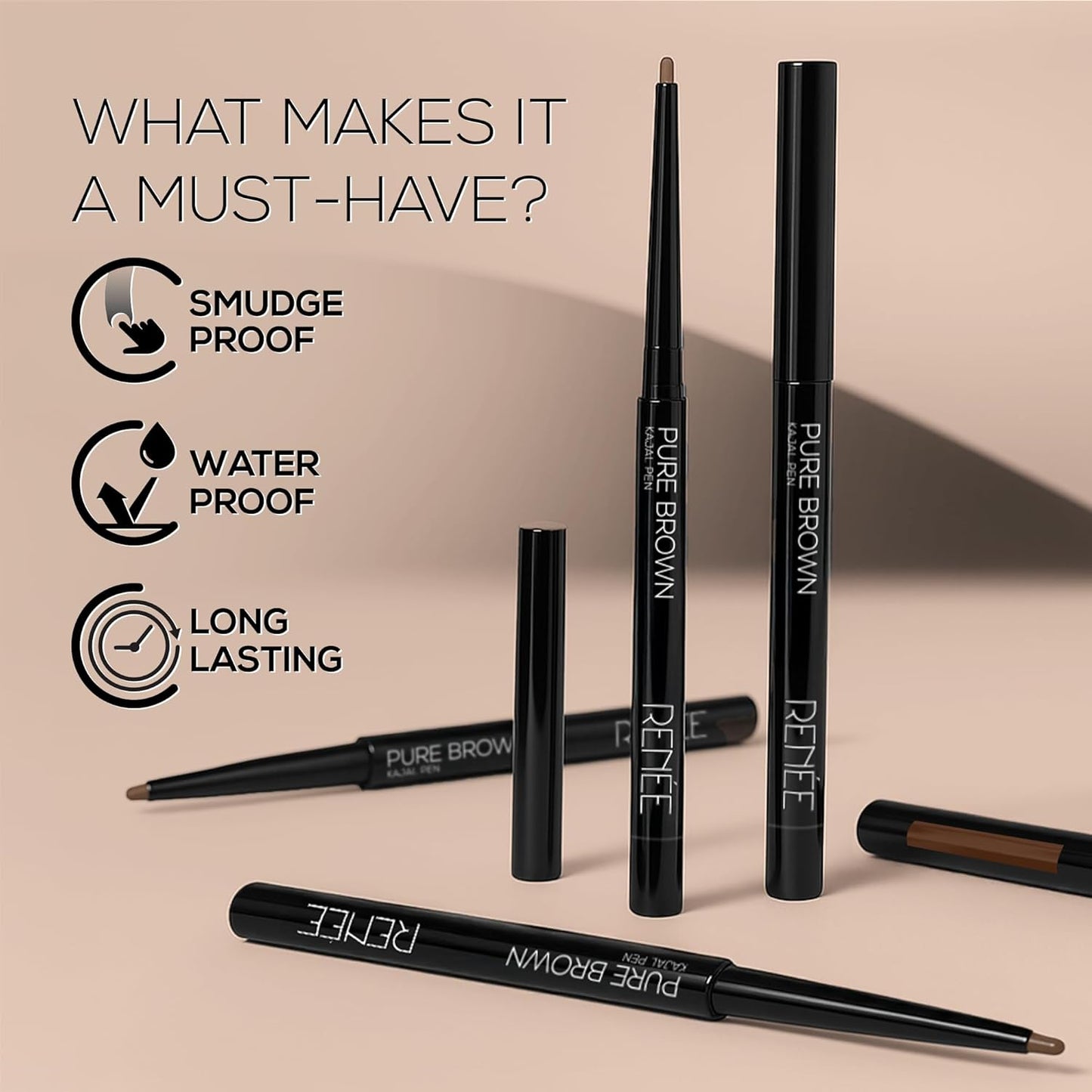 RENEE Pure Brown Kajal Pen with Sharpener |24 Hrs Stay Long Lasting Kohl Pencil |Matte Finish, Rich Color Payoff |Smudge & Water Proof with One Swipe Application Formula - 0.30gm