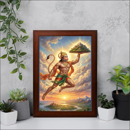 Hanuman Carrying the Sanjeevani Mountain Wall Art | Brown Frame | 10 x 13.5 Inch