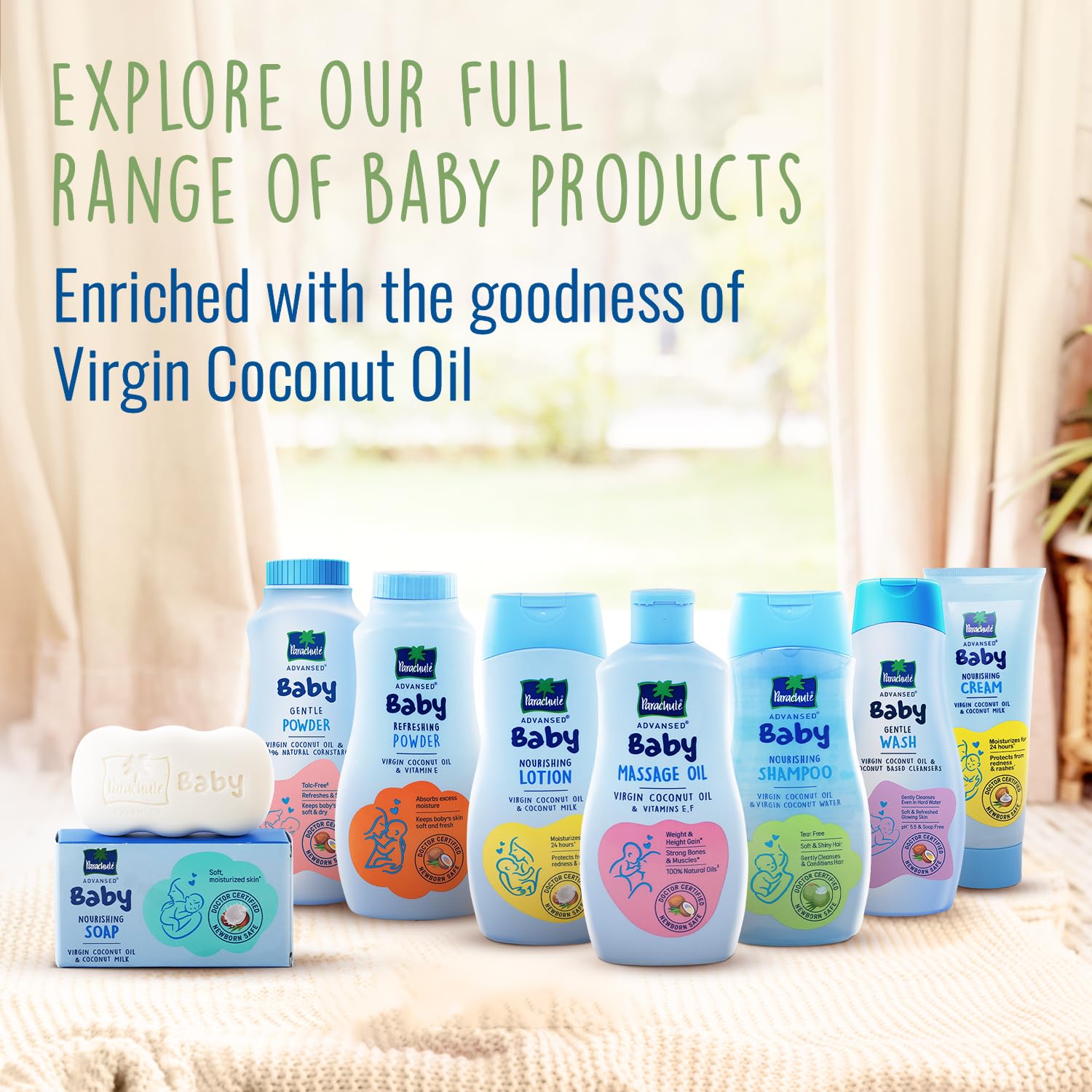 Baby care products including bottles and a bar of soap on a neutral background with text about virgin coconut oil.