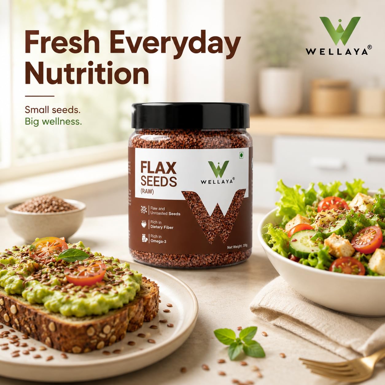 WELLAYA Flax Seeds - Alsi Seeds | Rich Protein Healthy Raw Seeds for Eating | Source of Iron & Dietary Fibre | Vegan Superfood for Wellness