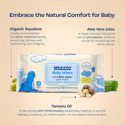 Maate Baby Wipes (Pack of 1, 72 Wipes) | Soothing & Hypoallergenic | Infused With Plant Squalane, Tamanu Oil & Aloe Vera | Moisturizing & Hydrating | Wipe for Baby's | Paraben & Sulphate Free
