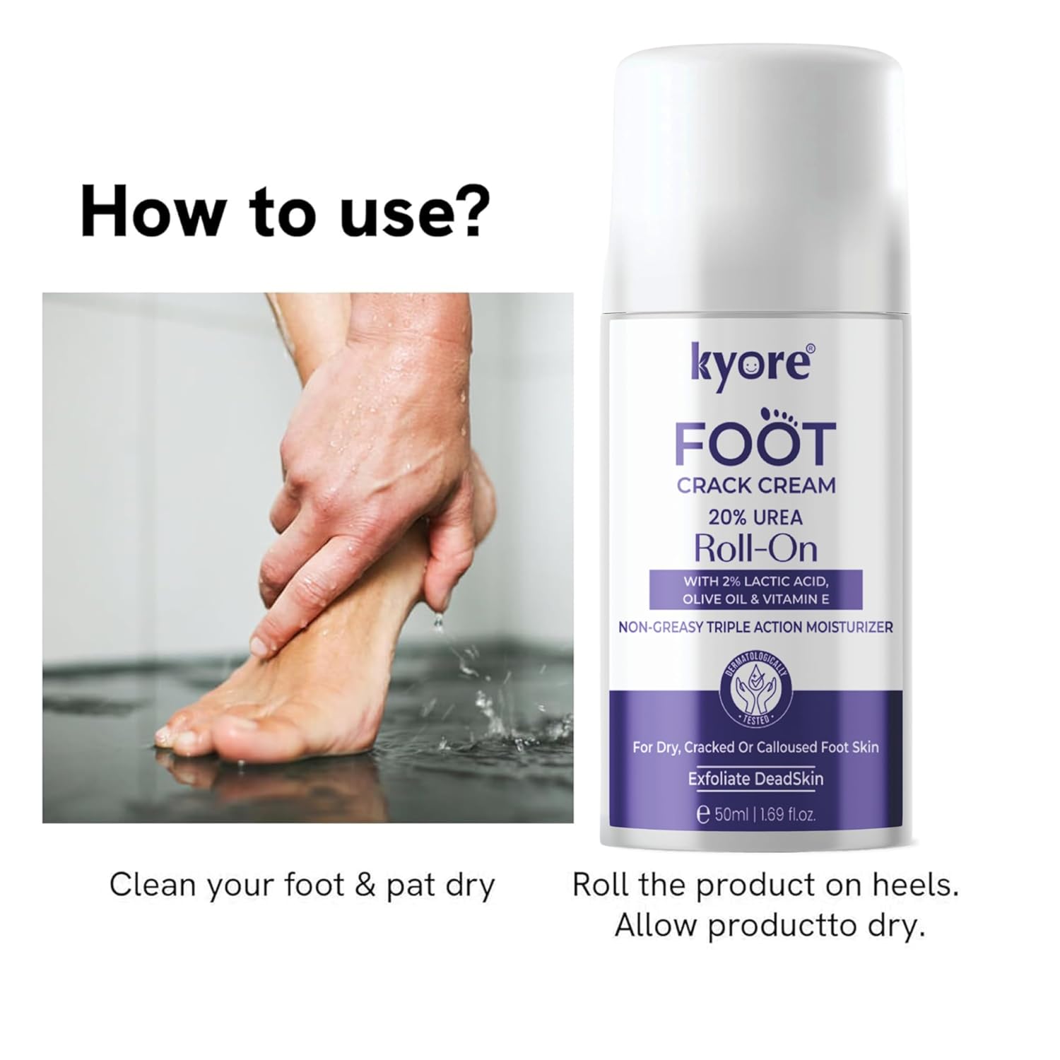 kyore foot crack cream roll-on with usage instructions on a white background