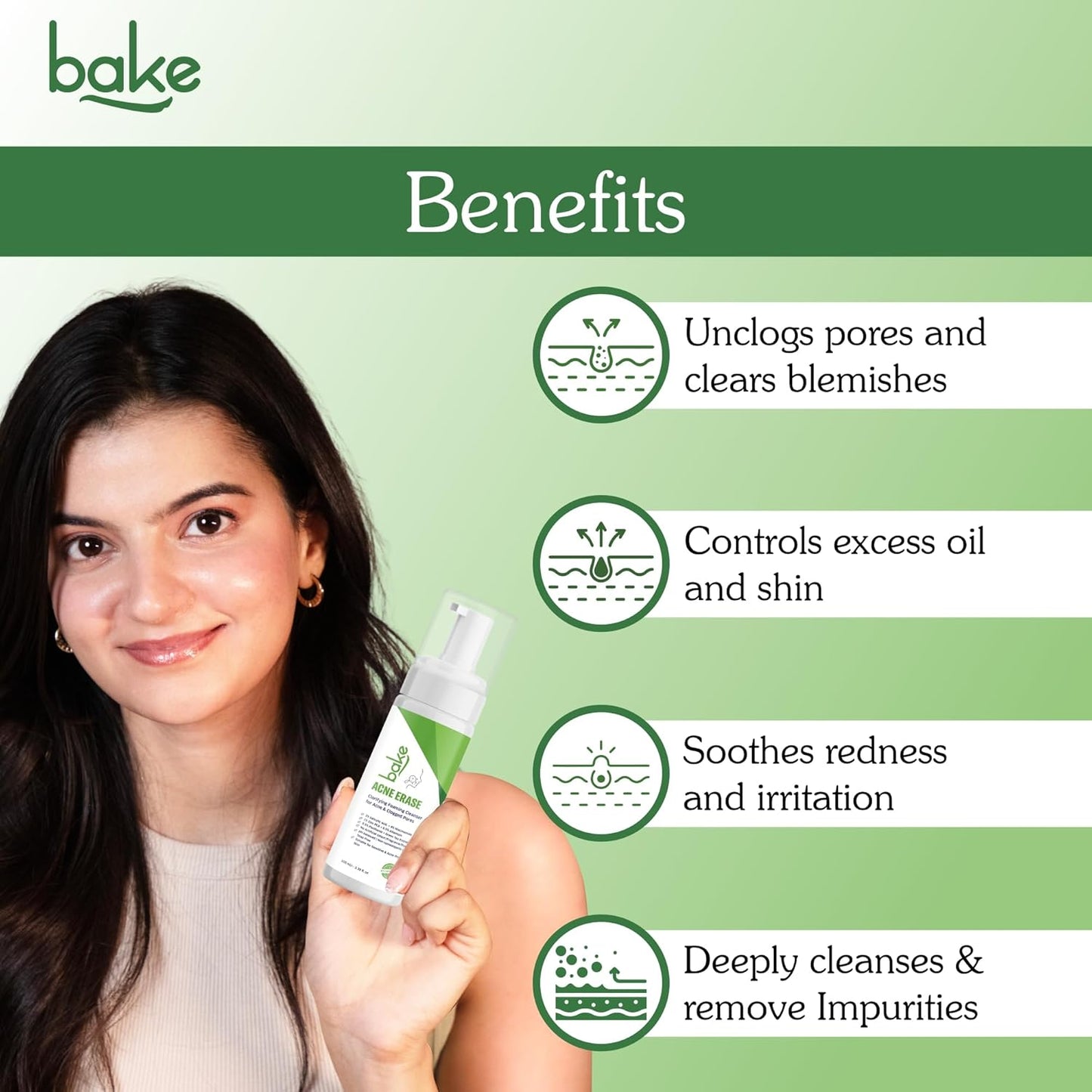 BAKE Acne Erase Foaming Face Wash with 2% Salicylic Acid & Niacinamide | Oil Control, Unclogs Pores, Clears Acne & Blemishes | Gentle Foaming Cleanser for Oily, Acne Prone & Sensitive Skin – 100ml